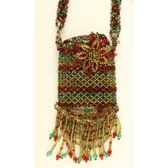 Artisan Jewelry Beaded WICCA Amulet Bag Crystal Fringe Necklace by Liz Schwartz - Picture 2 of 4